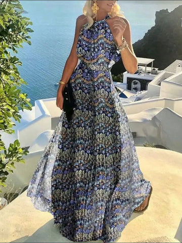 Women Vacation Leisure Full Printed Halter Neck Long Dress With Waist Tie