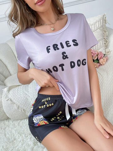 Women Summer Cute Letter And French Fries Print Round Neck Short Sleeve Top And Shorts Pajamas Set