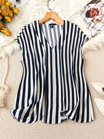 Plus Size Color Block Striped V-Neck Vacation Casual Shirt