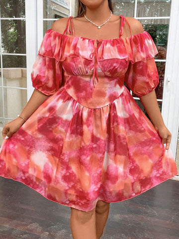 Plus Size Women's Elegant Ruffle Tie-Dye Printed Patchwork Ruffle Hem Dress For Summer