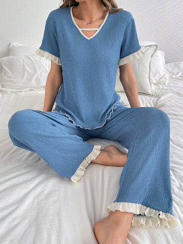Women Colorblock Short Sleeve Top And Pants Casual Pajama Set With Ruffle Detail