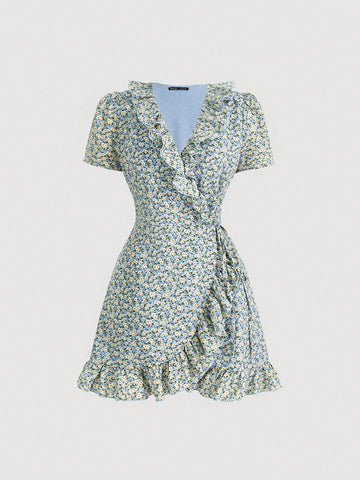 Blue Countryside Style Cute Floral Wrap Dress With Ruffled Hem