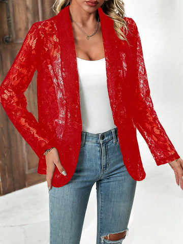 Loose Fit Lace Jacket With Mandarin Collar And Half-Curved Hemline