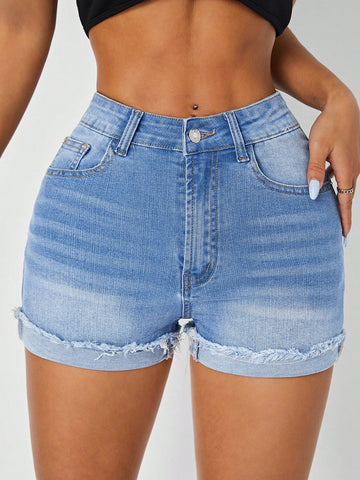 Women Summer Casual Denim Shorts With Frayed Hem And Pockets