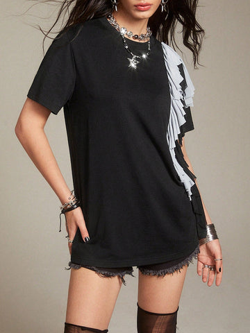 Women's Short Sleeve T-Shirt With Contrast Color And Decorative Ruffle Edge