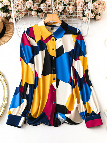 Plus Size Women Geometric Printed Loose Casual Shirt For Spring And Summer