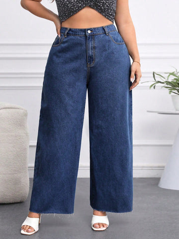 Plus Size Women Casual Loose Wide-Leg Jeans With Pockets