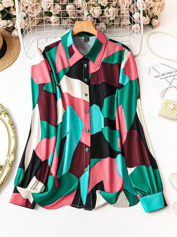 Plus Size Women Loose Geometric Printed Long Sleeve Casual Shirt For Spring And Summer
