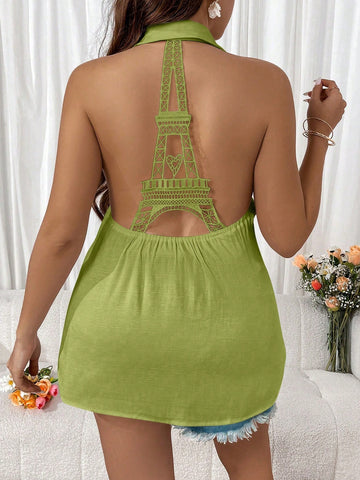 Plus Size Summer Pure Color Paris Eiffel Tower Lace Splice Open Back Halter Neck Blouse