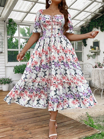 Plus Size Floral Print Cross Strap Waist Tie Long Holiday Casual Dress