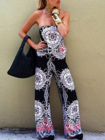 Women Floral Print Holiday Style Strapless Jumpsuit With Loose Fit