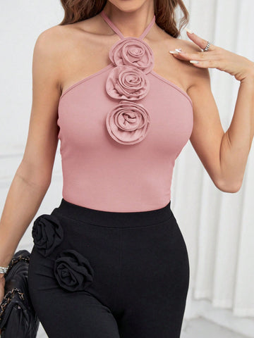 Women's Summer Fashionable And Elegant Slim-Fit Halter Neck Camisole Top With 3D Flower Decoration