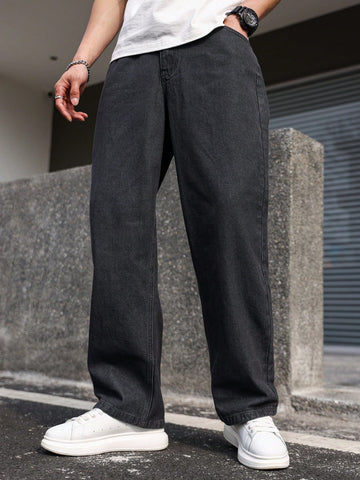 Men Straight-Leg Jeans With Pockets For Daily Casual Wear, Loose Fit