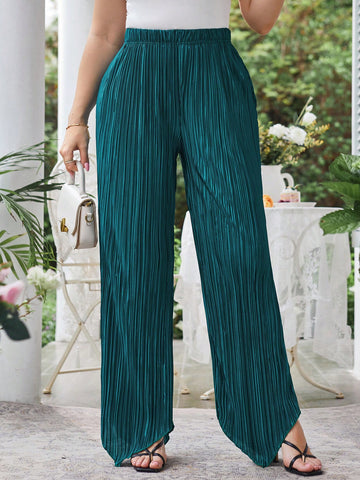 Plus Size Women Solid Color Elastic Waist Pleated Straight Leg Casual Pants