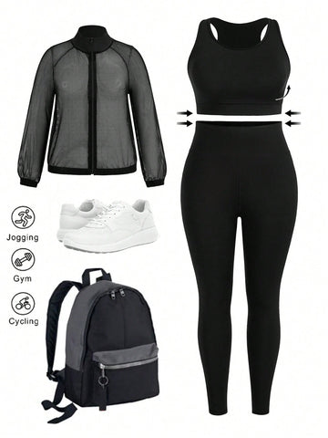 Plus Size Sport Fitness Suit Belly Covering Yoga Running Vest, Leggings And Long Sleeve Jacket Set