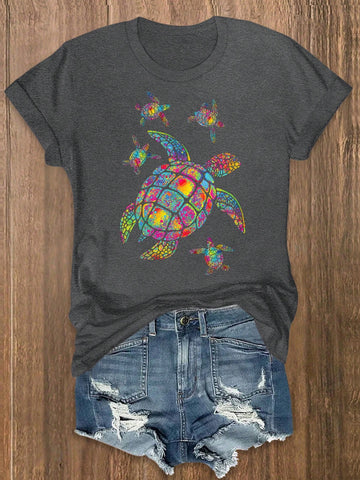 Plus Size Summer Casual Turtle Print Short Sleeve T-Shirt