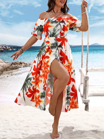 Plus Size Beach Floral Print Wrap Front Dress With Coconut Tree Print, Off Shoulder And Ruffled Hem
