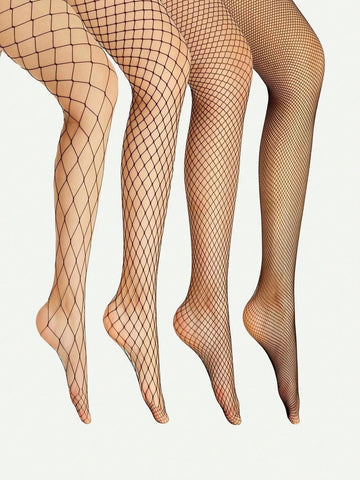 4 Pairs Fashionable And Sexy Diamond Grid Patterned Mesh Stockings Set