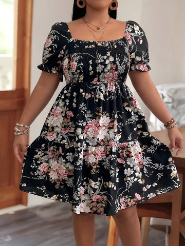 Plus Size Floral Print Bubbled Sleeves Dress For Vacation And Leisure
