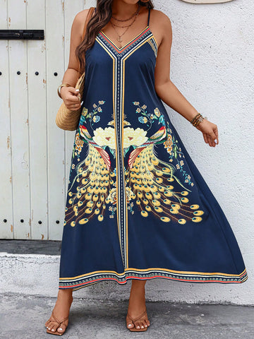Plus Size Women Random Peacock Feather Printed Summer Holiday Style Long Loose Cami Dress
