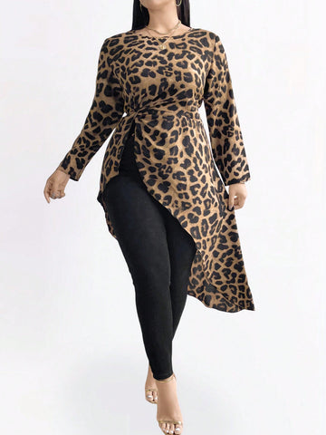 Plus Size Casual Leopard Print Twisted Knot Asymmetric Hem Dress For Spring/Summer