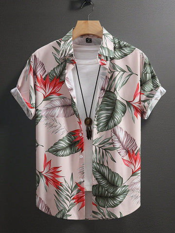 Men Casual Beach Style Tree Leaf Printed Short Sleeve Shirt (Random Cut)