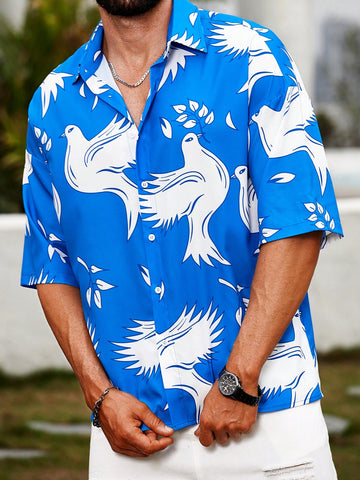 Men Summer Vacation Style Botanical And Bird Printed Short Sleeve Casual Shirt