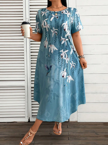 Plus Size Round Neck Floral Printed Short Sleeve Dress