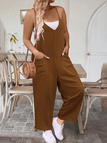 Plus Size Solid Color Double Pocket Sleeveless Jumpsuit For Holiday And Leisure