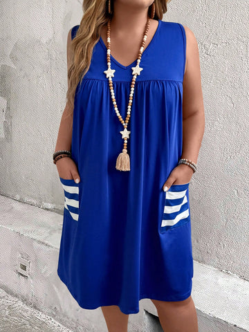 Plus Size Women's Casual Vacation Leisure Contrasting Color Striped Sleeveless Dress With Dual Pockets