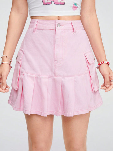 Women's Macaron Pink Utility Pocket Pleated Denim Skirt