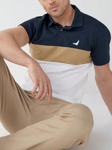 Men Summer Casual Color-Block Polo Shirt With Half Button Placket And Bird Print
