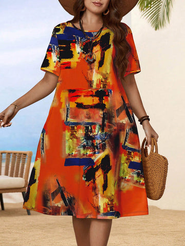 Plus Size Women Summer Casual Vintage Short Sleeve Round Neck Dress For Holiday