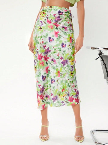 Women Elegant Mid-Length Straight Skirt With Side Waist Pleats And Floral Print For Holiday Style