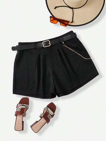 Plus Size Casual Shorts With Belt And High Waist