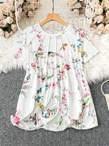 Plus Size Women Floral Print Round Neck Short Sleeve Casual T-Shirt For Summer