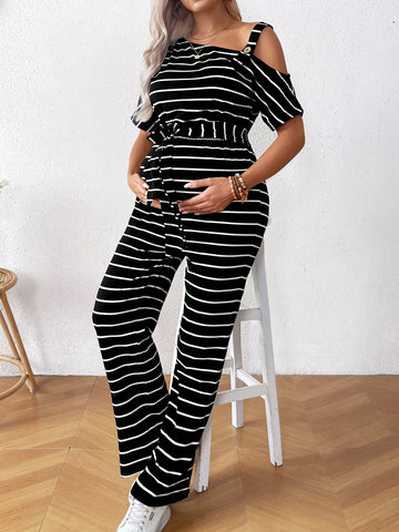 Maternity Striped Asymmetrical Neckline Cinched Waist Casual Straight Jumpsuit