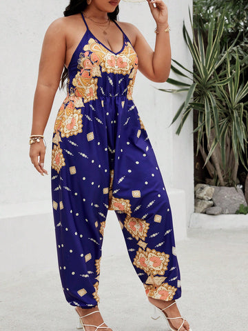Plus Size Women Summer Loose Vacation Style Fashionable Jumpsuit With Wide Straps