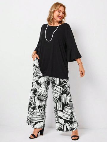 Plus Size Women's Black Bell Sleeve T-Shirt And Wide-Leg Pants Ripe Elegant Mom Two Piece Set With Pockets Print