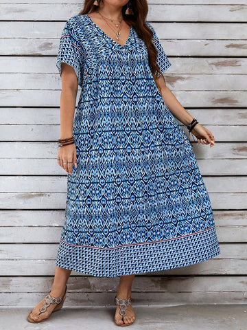 Plus Size Women's Geometric Printed High Slit Loose Beach Maxi Long Summer Dress