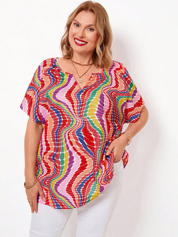 Plus Size Women's Short Sleeve Batwing Ripe Elegant Mom Shirts Shirt With Wave Striped Printing And Plunge Neckline