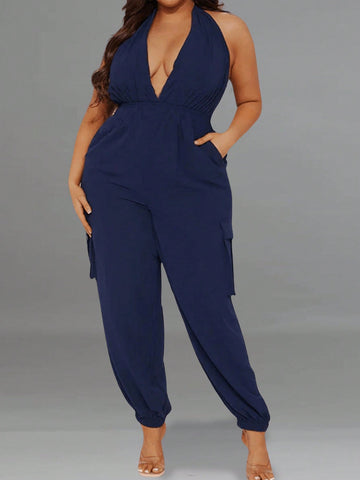 Women's Plus Size Overall Jumpsuit For Daily Streetwear, Solid Color, Low-Cut Neck With Halter Tie, Pockets On The Chest, Cuffed Legs, Sleeveless