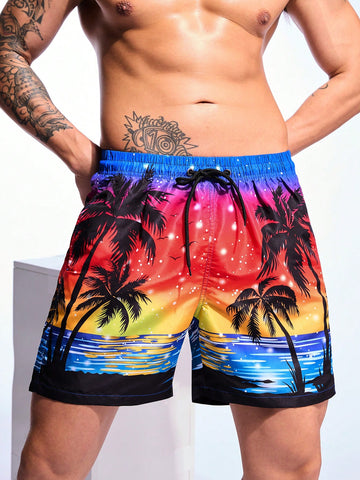 Men Palm Tree Print Drawstring Waist Leisure Loose Beach Shorts