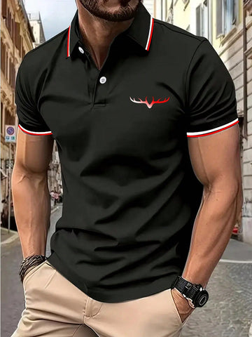 Men Contrast Collar Antler Print Short Sleeve Polo Shirt For Summer