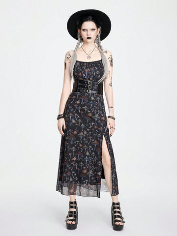 Gothic Style Retro Holiday Mushroom Print Slim Straight High Slit Women Dress For Dark Summer