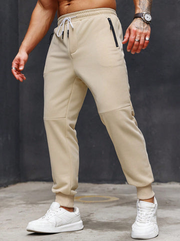 Men Solid Color Drawstring Waist Zipper Fly Slant Pocket Sweatpants