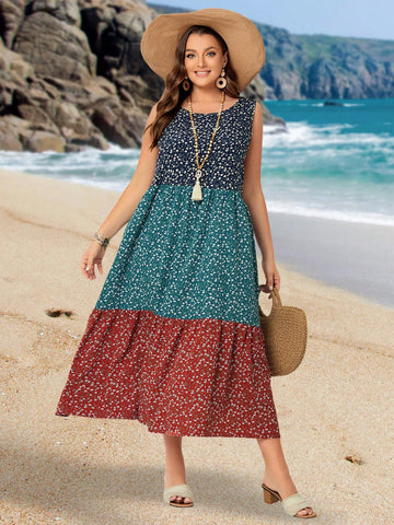 Plus Size Women Vintage Summer Floral Print Sleeveless Round Neck Maxi Dress For Vacation