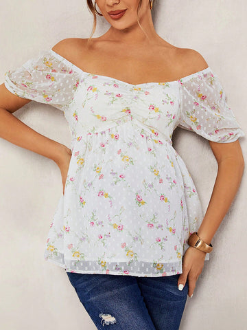 Maternity Island Vacation Beach Leisure Sweetheart Neck Short Sleeve Rose Print Regular Fitted Pregnant Women Top