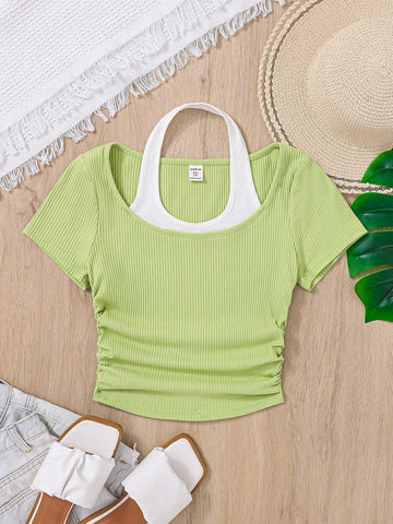 Plus Size Women's Summer Casual Vacation Green Cute Summer Top 2 In 1 Short-Sleeved T-Shirt
