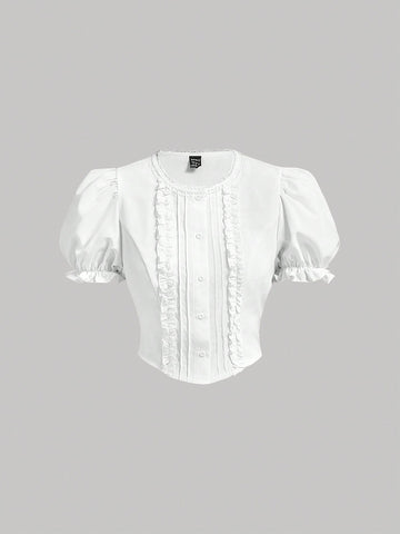 White Bubble Short-Sleeve Cropped Blouse With Lace Collar And Waist